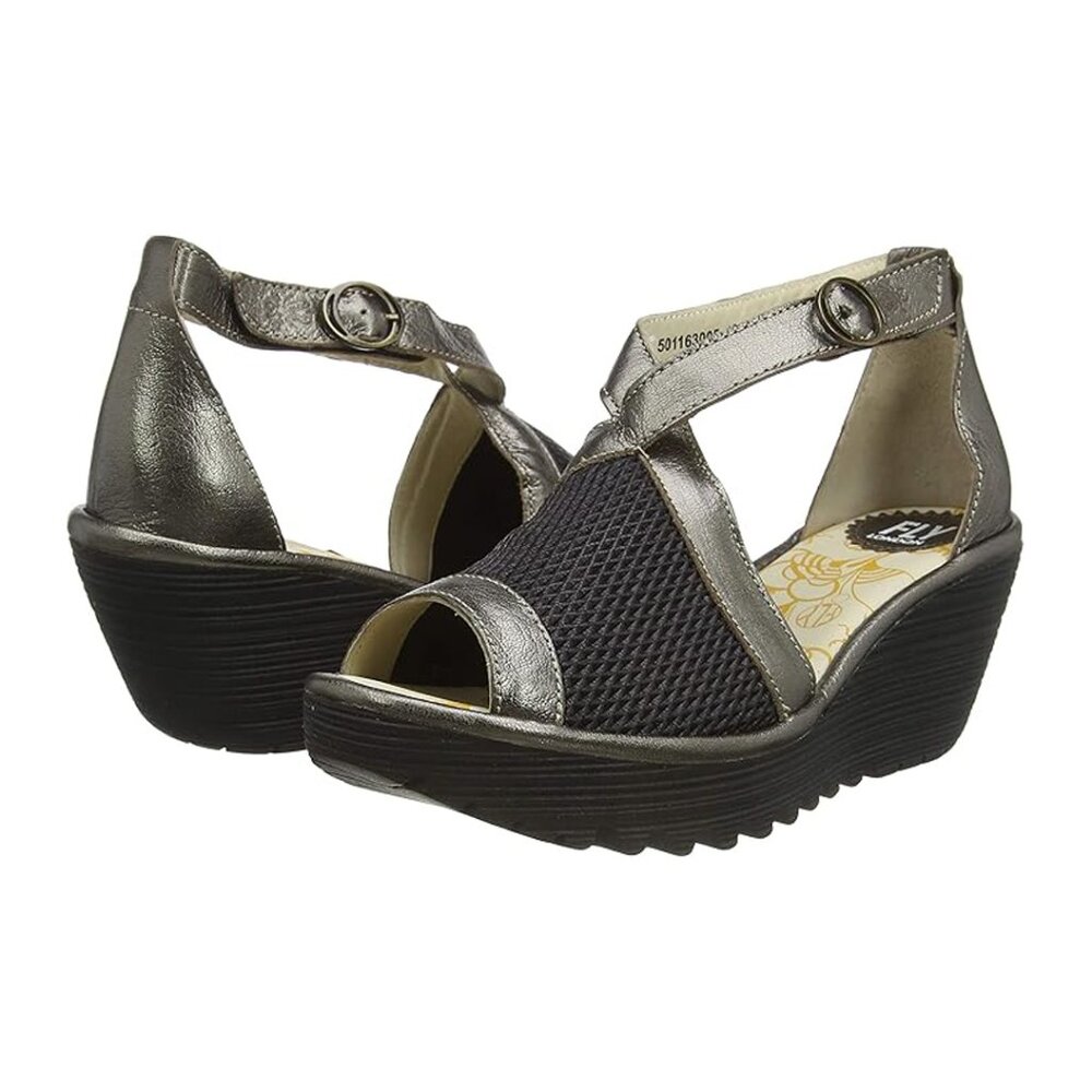 FLY London Yace Black Silver Open Toe Wedge Sandal NWT 8.5 or 39